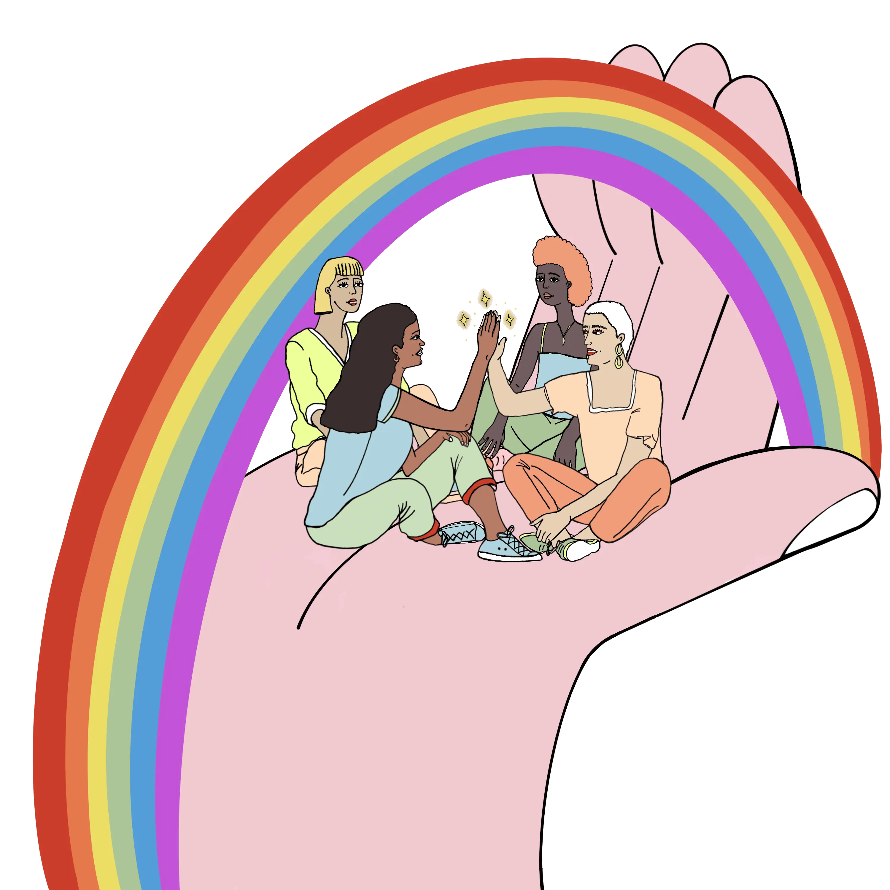 Gruppe von Frauen, die auf einer Hand mit einem Regenbogen sitzen